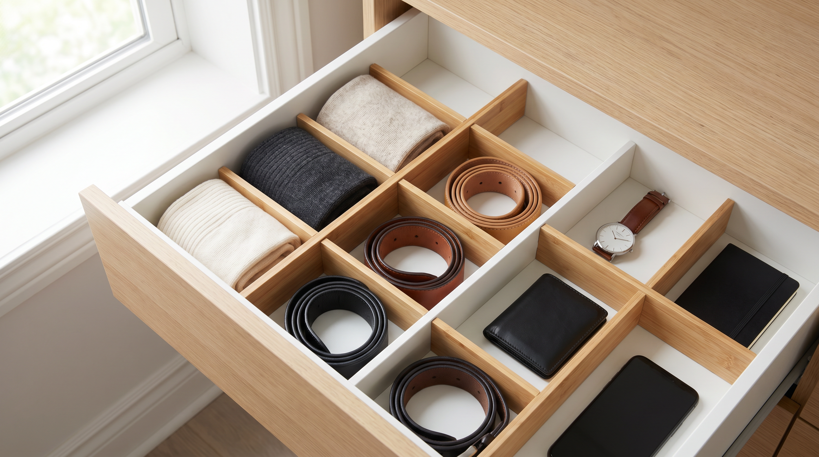 Cassetto organizzato con divisori in bambù: calzini arrotolati, cinture, accessori