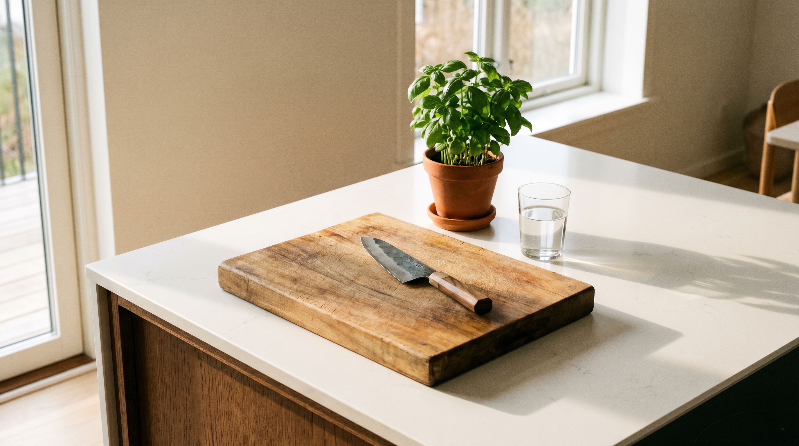 Piano cucina minimalista: solo tagliere in legno, coltello da chef e basilico in vaso
