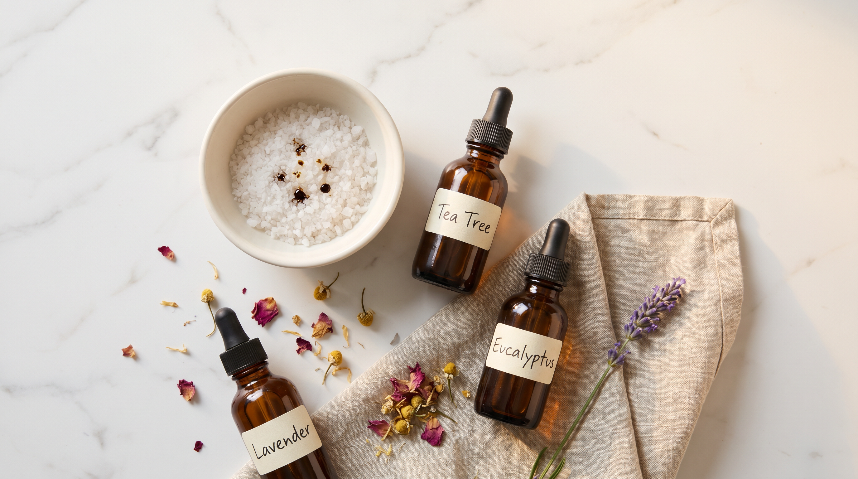 Flat lay di oli essenziali naturali, sale grosso e fiori secchi su marmo bianco