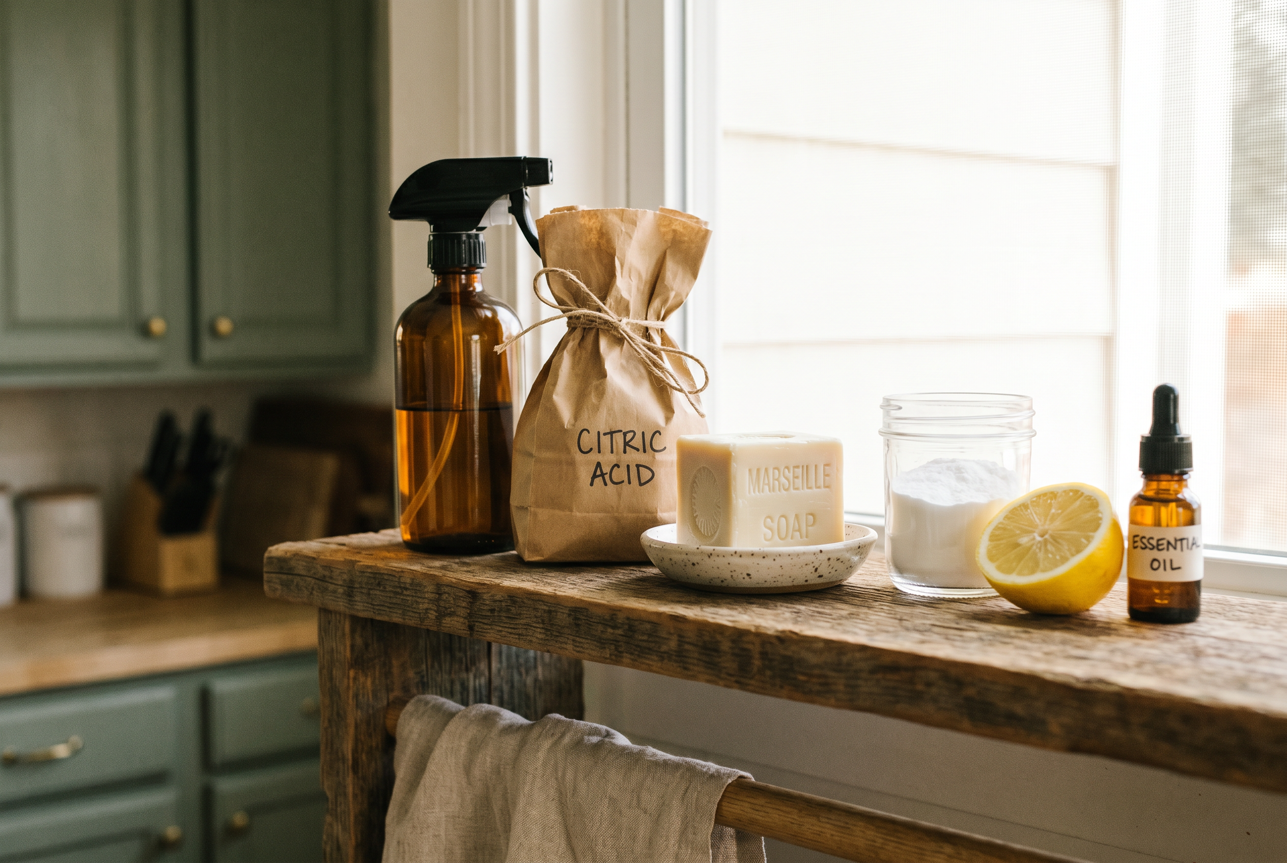Scaffale con prodotti naturali: spruzzino ambrato, acido citrico in carta kraft, sapone di Marsiglia, bicarbonato in barattolo di vetro, limone e olio essenziale su piano in legno rustico